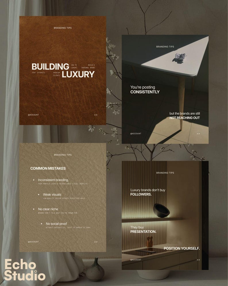 May include: A digital graphic display featuring four distinct panels with branding tips. The panels include text overlays such as BUILDING LUXURY, You're posting CONSISTENTLY, COMMON MISTAKES, and Luxury brands don't buy FOLLOWERS, set against textured backgrounds.