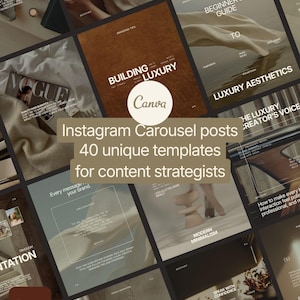 May include: A collection of 40 Instagram carousel templates for content strategists, featuring neutral-toned designs with text overlays including 'Building Luxury', 'Beginner's Guide to Luxury Aesthetics', and 'Speak with Confidence' by Echo Studio.