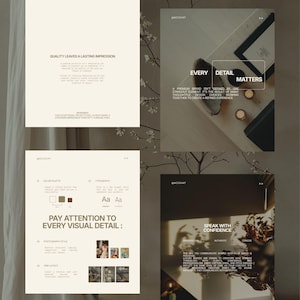 May include: A four-panel digital design guide featuring beige and dark brown color schemes. The text includes headings such as Quality Leaves a Lasting Impression, Every Detail Matters, Pay Attention to Every Visual Detail, and Speak with Confidence.