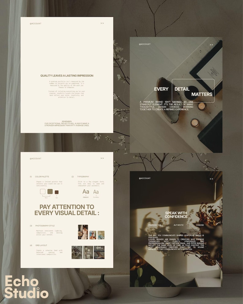 May include: A four-panel digital design guide featuring beige and dark brown color schemes. The text includes headings such as Quality Leaves a Lasting Impression, Every Detail Matters, Pay Attention to Every Visual Detail, and Speak with Confidence.