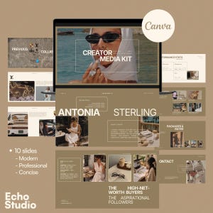 Puede incluir: Una plantilla de kit de medios digital con diez diapositivas en un esquema de color beige y blanco. El dise&ntilde;o incluye secciones para estad&iacute;sticas, datos demogr&aacute;ficos, colaboraciones de marca e informaci&oacute;n de contacto en una pantalla.