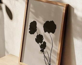 Minimalist Botanical Wall Art Print - Abstract Flower Silhouette | Neutral Japandi Decor, Black Floral Artwork