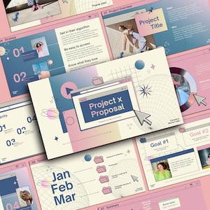 May include: A digital presentation with a pink and blue color scheme. The slides feature the text "Project x Proposal" and "Jan Feb Mar". Graphics include a cursor, a globe, and images of people.