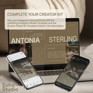 May include: A laptop screen displaying a digital creator media kit for Antonia Sterling, featuring online stats and content descriptions, flanked by two smartphones showing Instagram carousel and story templates with the text Echo Studio.