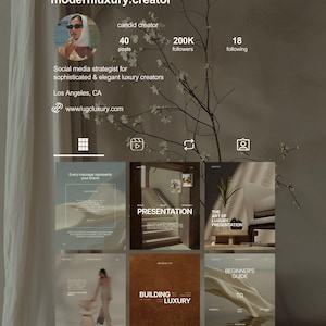 May include: A social media profile page for modernluxury.creator featuring a profile picture, 40 posts, 200K followers, and 18 following. The grid displays six posts with text overlays including Presentation, The Art of Luxury Presentation, Building Luxury, and Beginner's Guide to Luxury Aesthetics.