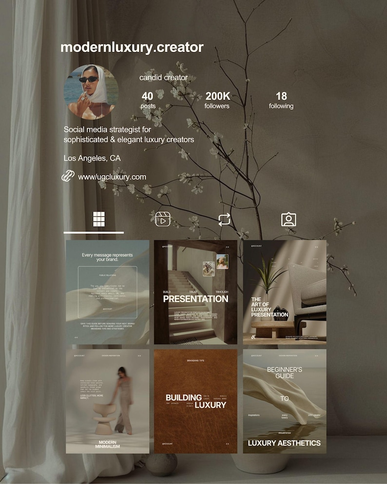 May include: A social media profile page for modernluxury.creator featuring a profile picture, 40 posts, 200K followers, and 18 following. The grid displays six posts with text overlays including Presentation, The Art of Luxury Presentation, Building Luxury, and Beginner's Guide to Luxury Aesthetics.