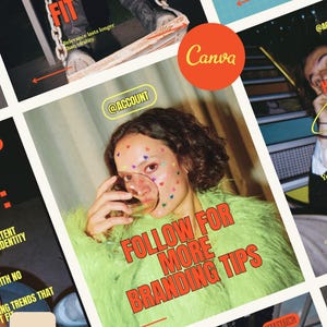 May include: A collection of images with marketing themes. One image shows a person with heart stickers and the text "FOLLOW FOR MORE BRANDING TIPS." Other images include the Canva logo and text about relevance and branding.