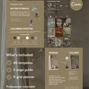 May include: A digital Canva template guide for social media strategists featuring a beige and brown color scheme. The layout includes sections for nature of images, coloring photos, a 9-grid planner, and a 2-page guide with 40 total templates.