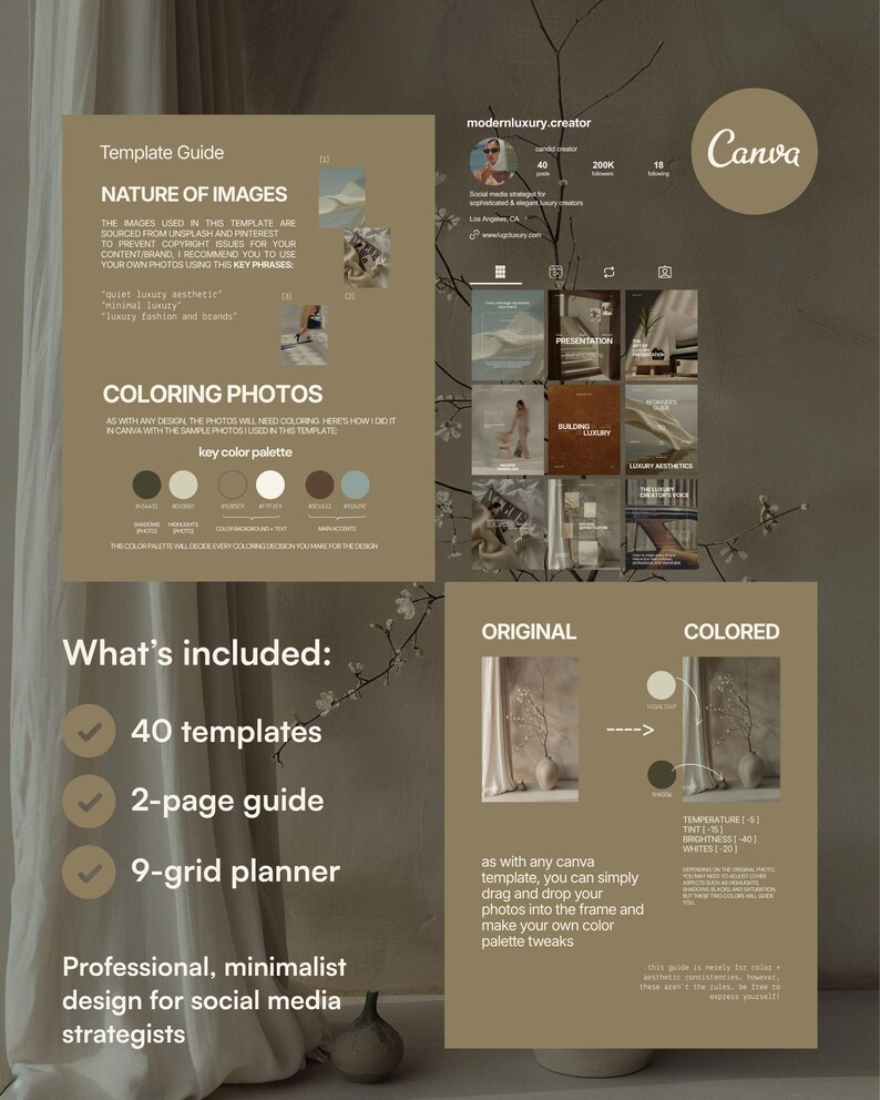 May include: A digital Canva template guide for social media strategists featuring a beige and brown color scheme. The layout includes sections for nature of images, coloring photos, a 9-grid planner, and a 2-page guide with 40 total templates.