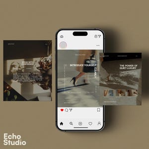 May include: A smartphone displaying a social media interface with three square digital templates. The central screen shows a post titled INTRODUCE YOURSELF CLEARLY, while the side templates feature text including SPEAK WITH CONFIDENCE and THE POWER OF QUIET LUXURY.