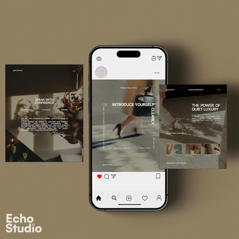 May include: A smartphone displaying a social media interface with three square digital templates. The central screen shows a post titled INTRODUCE YOURSELF CLEARLY, while the side templates feature text including SPEAK WITH CONFIDENCE and THE POWER OF QUIET LUXURY.
