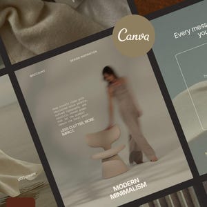 Pode incluir: Um modelo de design gráfico digital apresentando uma cadeira bege, uma figura desfocada e texto branco que diz DESIGN INSPIRATION, @ACCOUNT, Keep visuals clean with restrained color palette, LESS CLUTTER, MORE IMPACT e MODERN MINIMALISM.