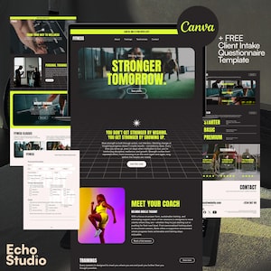 Könnte beinhalten: Ein digitales Design für eine Fitness-Website mit dunklem Thema und neongrünen Akzenten. Das Design umfasst Bereiche für Personal Training, Fitnesskurse und Kundenaufnahmeformulare. Text enthält "Stronger Tomorrow" und "Meet Your Coach".