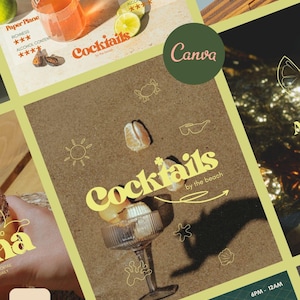 Könnte beinhalten: Ein grafisches Layout mit einem gerippten Glas, gefüllt mit einem Cocktail, Zitrusfrüchten und handgezeichneten Symbolen von Sonne, Krabbe und Sonnenbrille. Der Text lautet Cocktails by the beach in einer gelben Serifenschrift, inklusive Echo Studio.