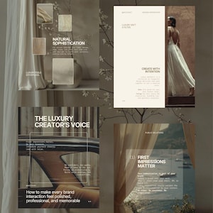 May include: A digital collage of four social media templates featuring neutral tones, beige and cream color palettes, and typography. The text includes phrases like Natural Sophistication, Luxury Isn't A Filter, The Luxury Creator's Voice, and First Impressions Matter.