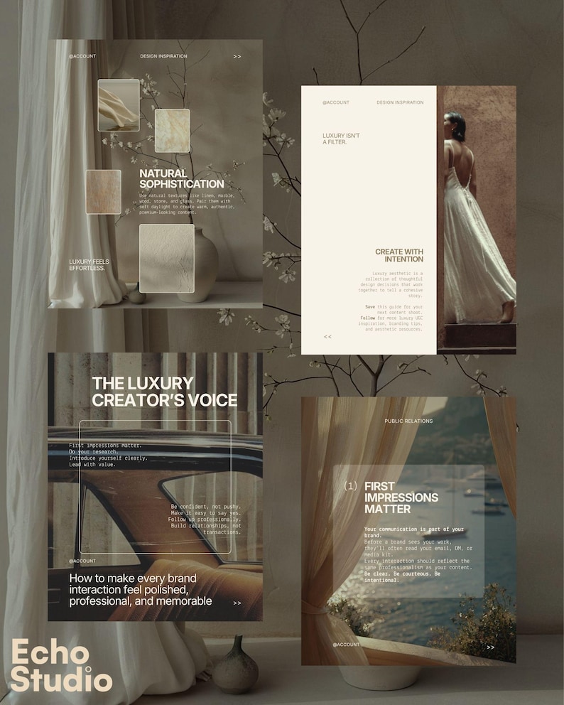 May include: A digital collage of four social media templates featuring neutral tones, beige and cream color palettes, and typography. The text includes phrases like Natural Sophistication, Luxury Isn't A Filter, The Luxury Creator's Voice, and First Impressions Matter.