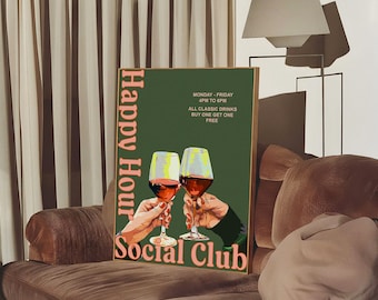 Vintage Happy Hour Poster, Cocktail Bar & Restaurant Wall Decor - Personalization Available (Digital Download)