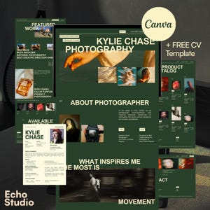 以下が含まれることがあります： Kylie Chase Photography のダークグリーンの Canva テンプレート。画像、テキスト、無料の CV テンプレートを備えたポートフォリオ レイアウトが特徴です。 デザインには、注目の作品、製品カタログ、写真家情報などのセクションが含まれています。