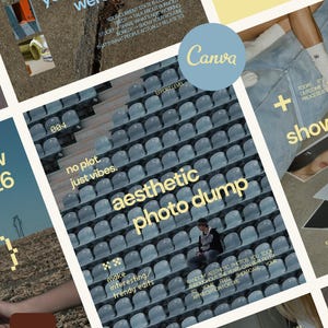 Pode incluir: Uma colagem de imagens com sobreposições de texto. A imagem central apresenta uma pessoa sentada em assentos de estádio com as palavras "aesthetic photo dump". Outro texto inclui "no plot. just vibes" e "make interesting/trendy edits."