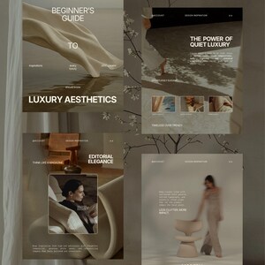 May include: A digital collage of four beige and white design templates featuring the text Beginner's Guide to Luxury Aesthetics, The Power of Quiet Luxury, Editorial Elegance, and Modern Minimalism, with imagery of fabric, furniture, and interiors.