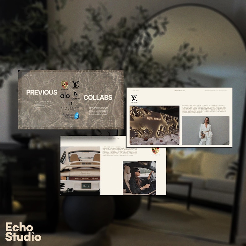 Puede incluir: Una presentaci&oacute;n digital con tres diapositivas con el texto Previous Collabs, que muestra logotipos de marcas como Porsche, Louis Vuitton, Alo, Glossier, Fenty Beauty y Rosetta Stone, junto a im&aacute;genes de un coche Porsche y una persona.