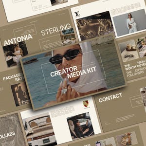 Puede incluir: Una plantilla de kit de medios digital con un esquema de color beige y blanco y m&uacute;ltiples diapositivas de dise&ntilde;o. El dise&ntilde;o incluye superposiciones de texto como Creator Media Kit, Antonia Sterling y Contact, junto a im&aacute;genes de gafas.