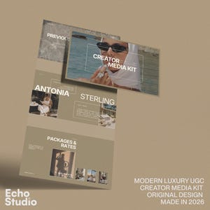 Puede incluir: Una plantilla de kit de medios para creadores digitales con una paleta de colores beige y secciones rectangulares superpuestas. El texto incluye "CREATOR MEDIA KIT", "ANTONIA STERLING" y "PACKAGES & RATES". El dise&ntilde;o incorpora elementos fotogr&aacute;ficos de una persona.