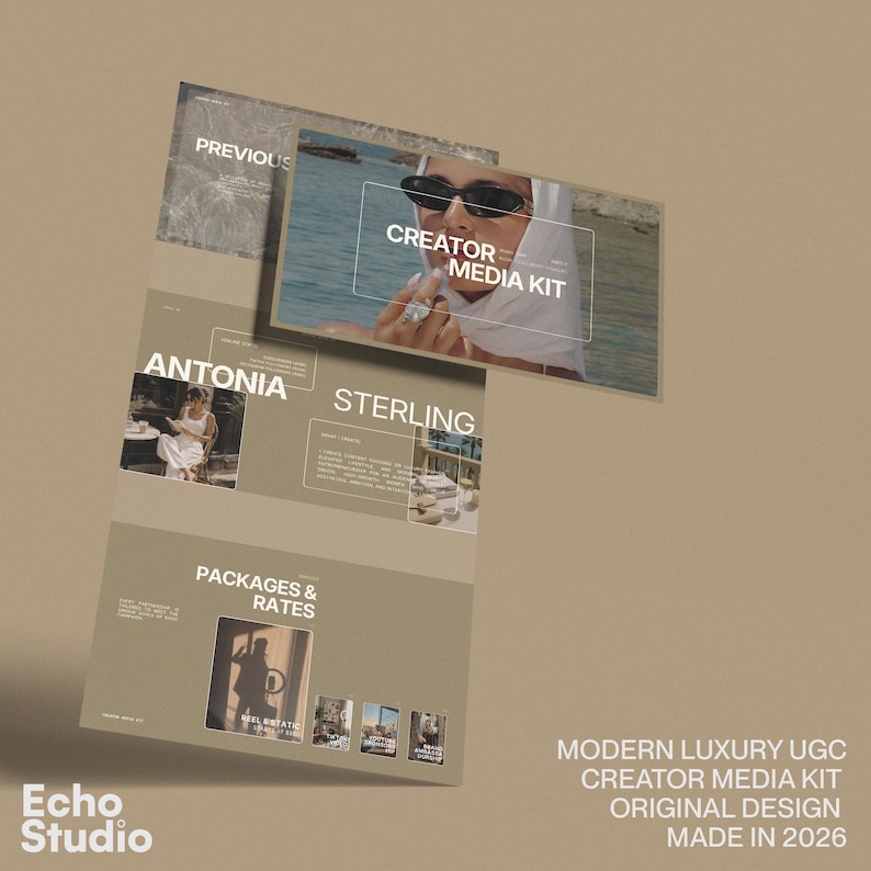 Puede incluir: Una plantilla de kit de medios para creadores digitales con una paleta de colores beige y secciones rectangulares superpuestas. El texto incluye "CREATOR MEDIA KIT", "ANTONIA STERLING" y "PACKAGES & RATES". El dise&ntilde;o incorpora elementos fotogr&aacute;ficos de una persona.