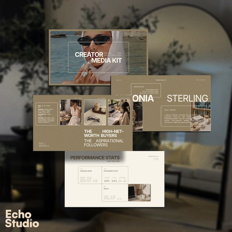 Puede incluir: Una plantilla de kit de medios para creadores con una paleta de colores beige y blanco. El dise&ntilde;o incluye secciones para el kit de medios, Onia Sterling, compradores de alto patrimonio, seguidores aspiracionales y estad&iacute;sticas de rendimiento.