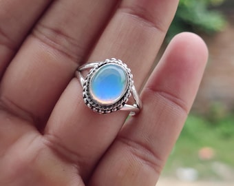 Handmade Aurora Opal Sterling Silver Ring: Celestial Jewelry