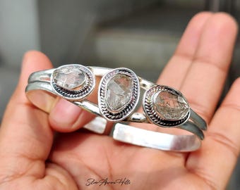 Herkimer Diamond Sterling Silver Bangle: Raw Gemstone Boho Cuff