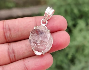 Raw Herkimer Diamond Pendant Necklace, Handmade Sterling Silver Boho Jewelry