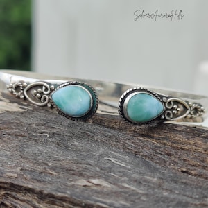 Natural Larimar Gemstone Bangle, 925 Silver Gemstone Bangle, Hand-crafted Bracelet, Adjustable Bracelet, Women Bangle, Promise Gift For Her