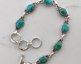 Handmade Kingman Turquoise Sterling Silver Toggle Bracelet: Boho Jewelry