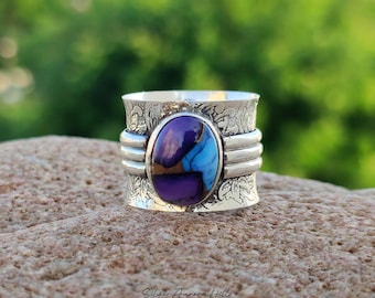 Kingman Turquoise Sterling Silver Ring: Boho Dahlia Flower, Chunky Band