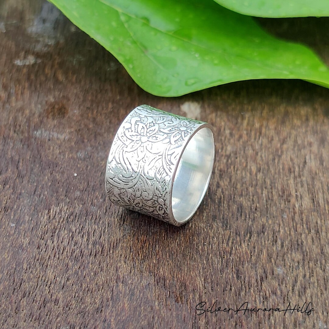 Floral Textured Sterling Silver Wide Band Ring - Bohemian Statement - Etsy