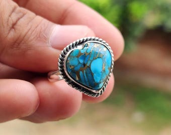 Blue Copper Turquoise Heart Ring: 925 Sterling Silver Statement Jewelry