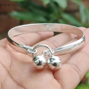 Handmade Sterling Silver Adjustable Bangle Bracelet with Double Round Balls
