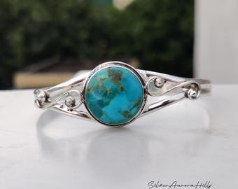 Handcrafted -  Kingman Turquoise Bangle : 925 Sterling Silver Cuff Bracelet | December Birthstone Gift for Her