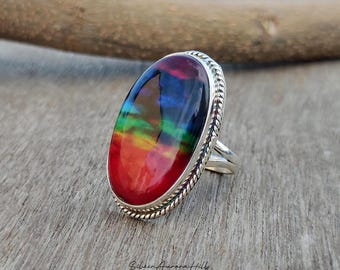 Ammolite Gemstone Ring: Handmade Sterling Silver Boho Statement Jewelry