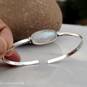Fire Rainbow Moonstone Bangle Bracelet, Adjustable Fit, Solid 925 Sterling Silver Bracelet Jewelry