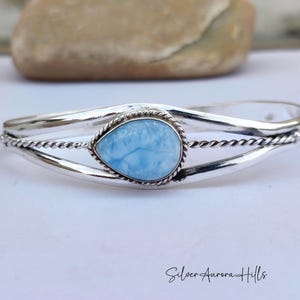 Larimar Sterling Silver Bangle: Adjustable Boho Gemstone Bracelet