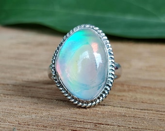 Handmade Aurora Opal Sterling Silver Ring: Statement Gemstone