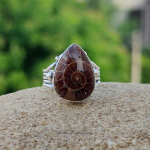 Ammonite Fossil Ring: Handmade 925 Sterling Silver Pear Ring