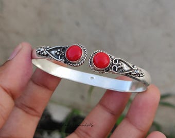 Handmade Red Coral Gemstone Bangle, 925Sterling Silver Statement Jewelry, Gifts For Anniversary