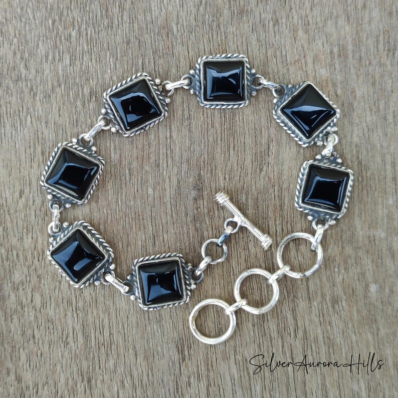 Kingman Turquoise Sterling Silver Bracelet - Adjustable Gemstone Jewelry Black Onyx