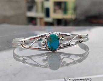 Handmade Kingman Turquoise Bangle : Sterling Silver Cuff Bracelet, Native Style Jewelry Gift