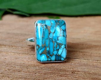 Blue Copper Turquoise Ring: Handmade Sterling Silver Boho Statement Jewelry