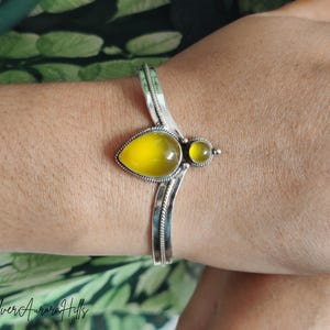 Handmade Yellow Agate Bangle: 925 Silver Adjustable Cuff Bracelet