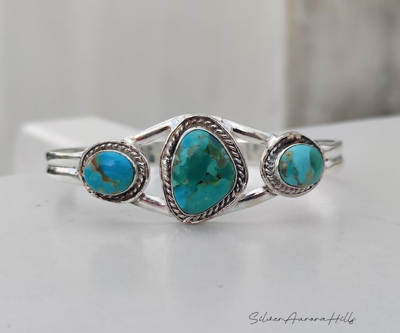 Kingman Turquoise Bangle Bracelet | Genuine Southwest Cuff | 925 Sterling Silver Boho Jewelry